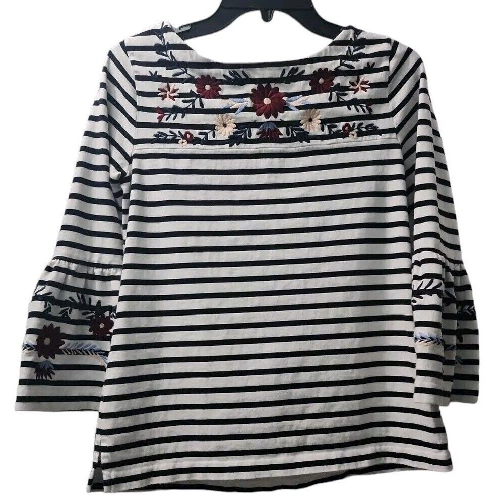 J.‎ Crew Embroidered Blouse Small Strips Floral Bell Sleeves